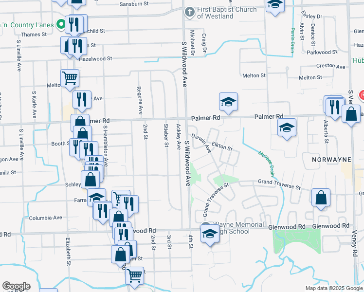 map of restaurants, bars, coffee shops, grocery stores, and more near 1918 Ackley Avenue in Westland
