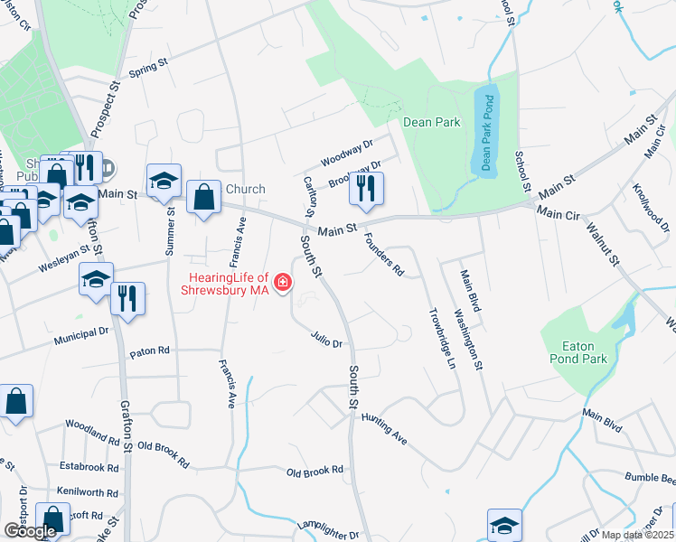 map of restaurants, bars, coffee shops, grocery stores, and more near 10 Trowbridge Circle in Shrewsbury