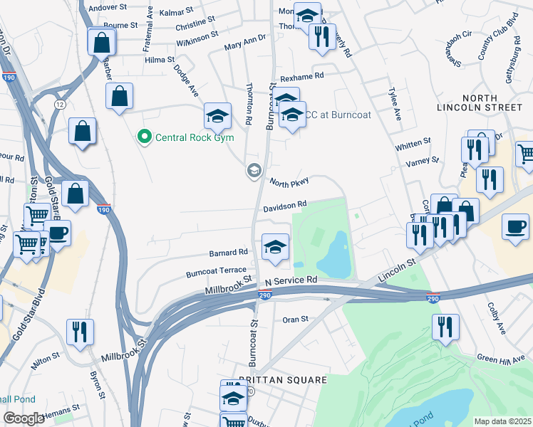 map of restaurants, bars, coffee shops, grocery stores, and more near 4 Davidson Road in Worcester