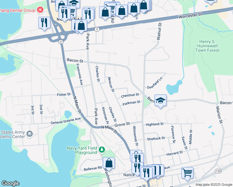 map of restaurants, bars, coffee shops, grocery stores, and more near 29 Beacon Street in Natick