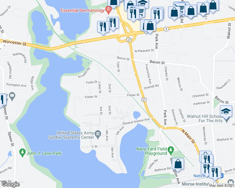 map of restaurants, bars, coffee shops, grocery stores, and more near 25 Fisher Street in Natick