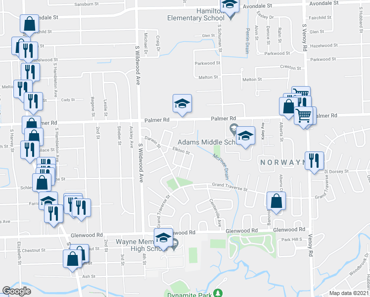 map of restaurants, bars, coffee shops, grocery stores, and more near 2028 Ellsworth Street in Westland