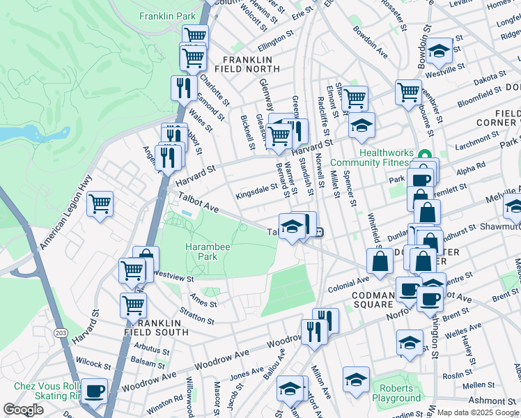 map of restaurants, bars, coffee shops, grocery stores, and more near 30 Browning Avenue in Boston