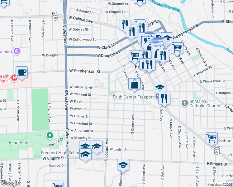 map of restaurants, bars, coffee shops, grocery stores, and more near 517 South Beaver Avenue in Freeport