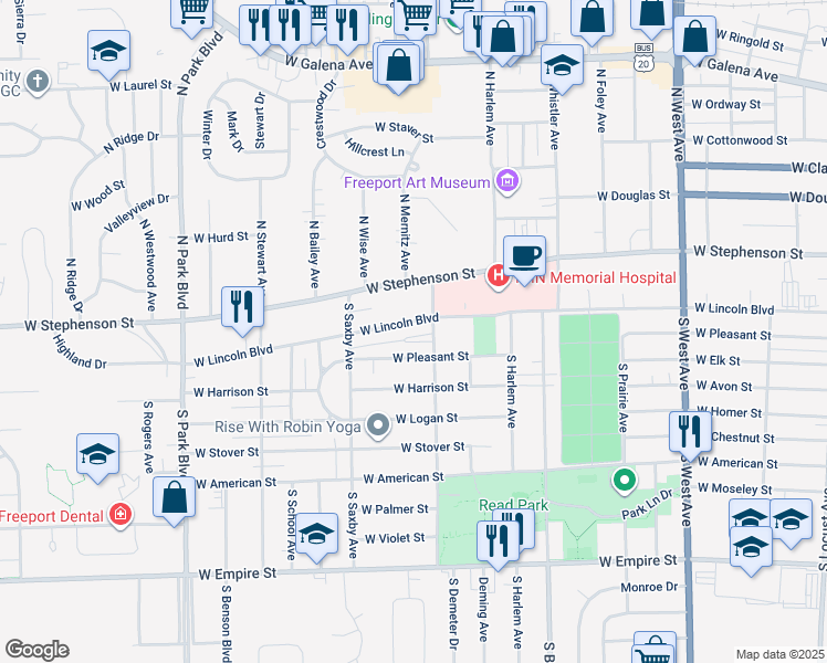 map of restaurants, bars, coffee shops, grocery stores, and more near 1233 West Lincoln Boulevard in Freeport