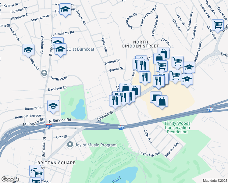 map of restaurants, bars, coffee shops, grocery stores, and more near 46 Beverly Rd in Worcester