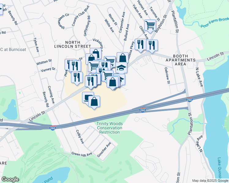 map of restaurants, bars, coffee shops, grocery stores, and more near 541 Lincoln Street in Worcester