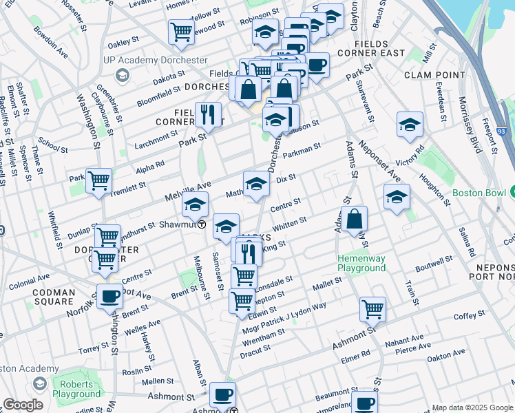 map of restaurants, bars, coffee shops, grocery stores, and more near 1669 Dorchester Avenue in Boston