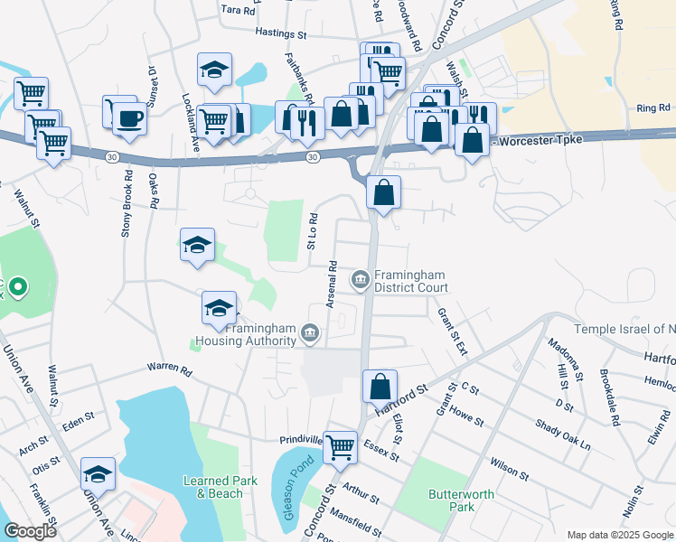 map of restaurants, bars, coffee shops, grocery stores, and more near 43 Arsenal Road in Framingham