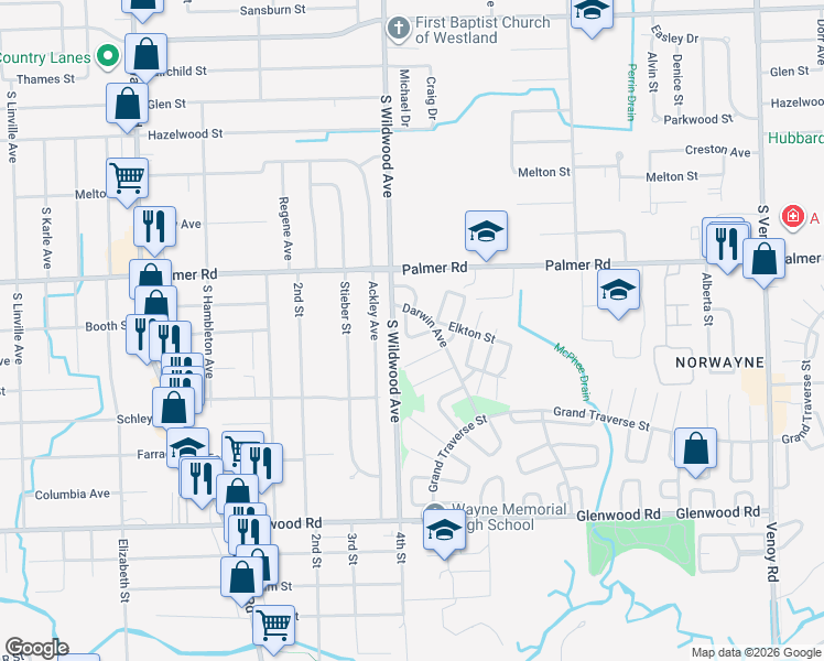 map of restaurants, bars, coffee shops, grocery stores, and more near 2029 Dryden Street in Westland