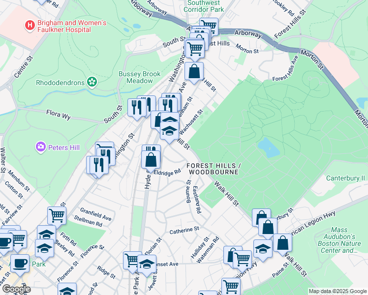 map of restaurants, bars, coffee shops, grocery stores, and more near 51-53 Walk Hill Street in Boston