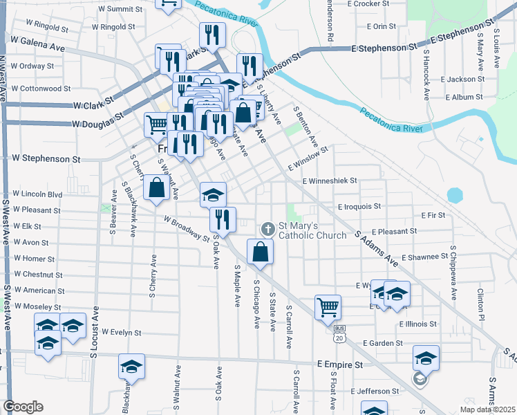 map of restaurants, bars, coffee shops, grocery stores, and more near 7 East Iroquois Street in Freeport
