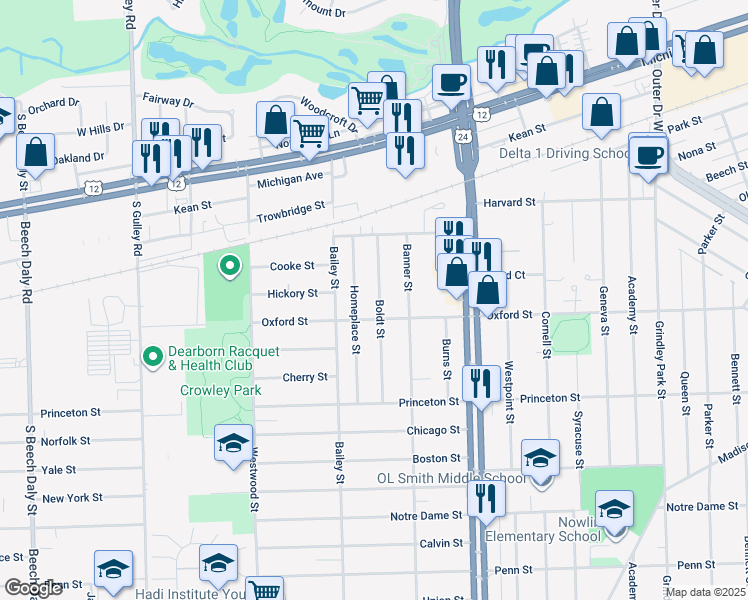 map of restaurants, bars, coffee shops, grocery stores, and more near 2416 Boldt Street in Dearborn