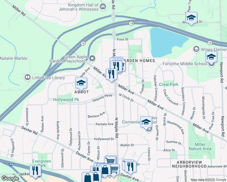 map of restaurants, bars, coffee shops, grocery stores, and more near 1205 North Maple Road in Ann Arbor