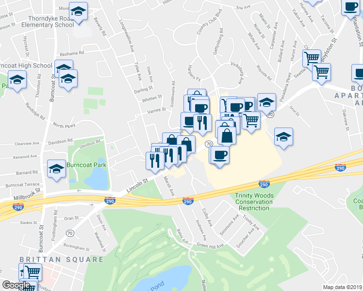 map of restaurants, bars, coffee shops, grocery stores, and more near 6 Goldthwaite Road in Worcester