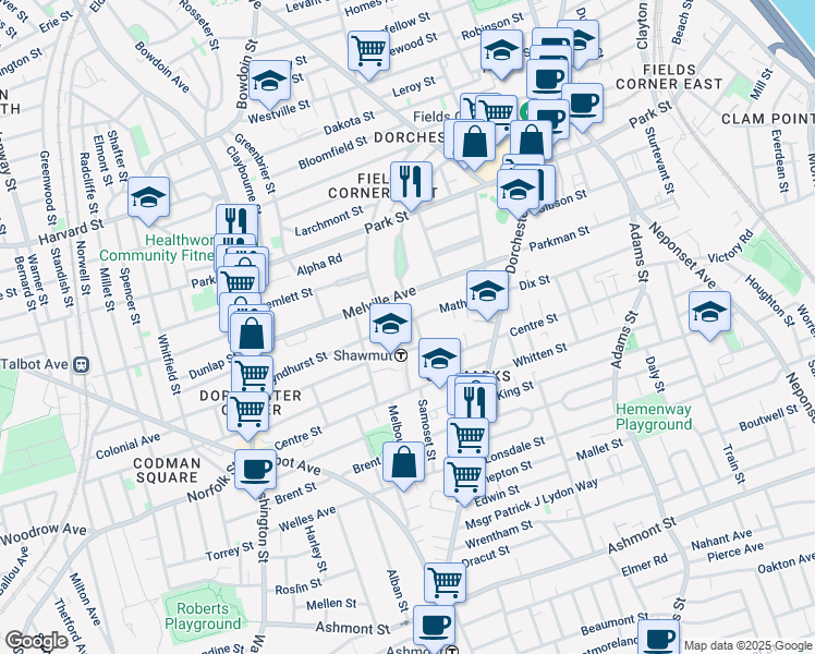 map of restaurants, bars, coffee shops, grocery stores, and more near 40 Mather Street in Boston