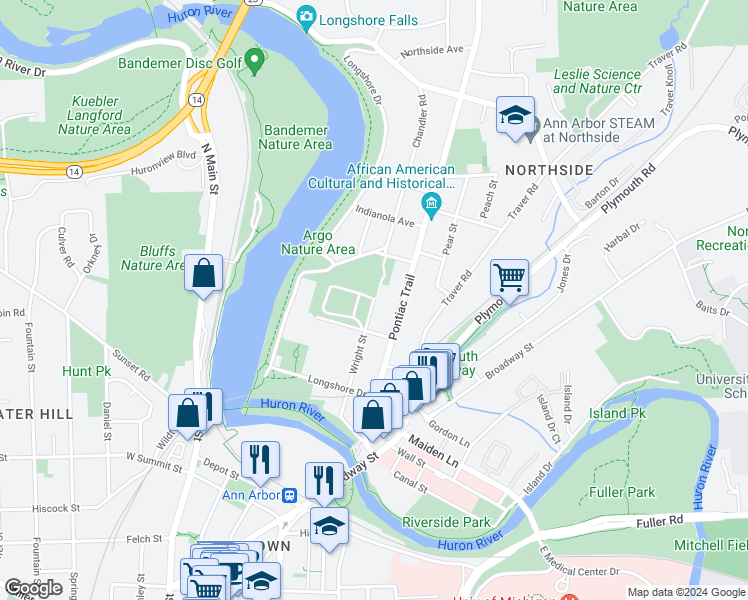 map of restaurants, bars, coffee shops, grocery stores, and more near 1318 Wright Street in Ann Arbor