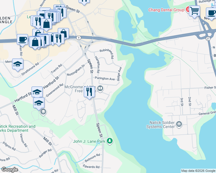 map of restaurants, bars, coffee shops, grocery stores, and more near 6 Possum Hollow Lane in Natick