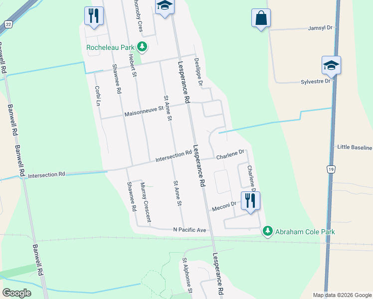 map of restaurants, bars, coffee shops, grocery stores, and more near 12234 Intersection Road in Windsor