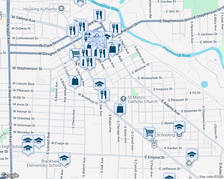 map of restaurants, bars, coffee shops, grocery stores, and more near 27 West Iroquois Street in Freeport