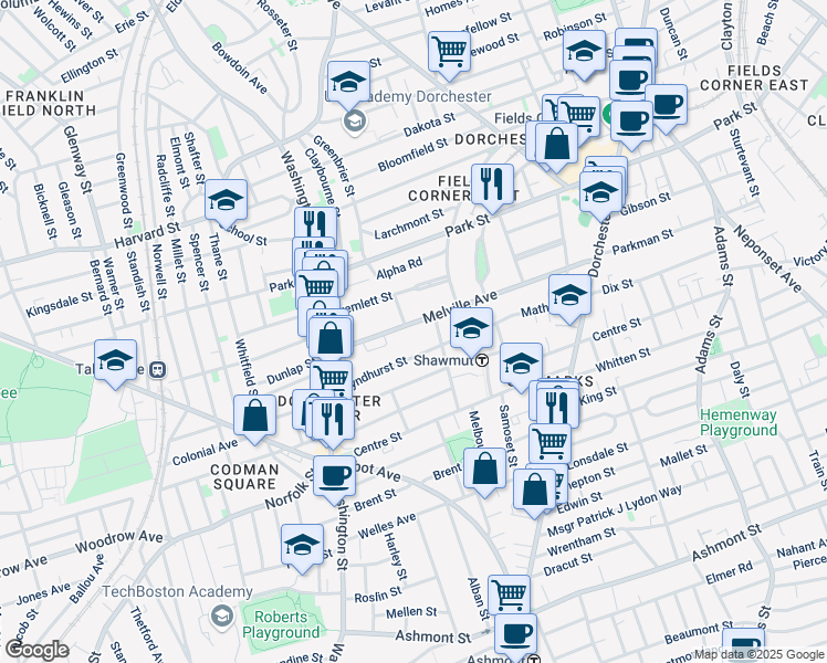 map of restaurants, bars, coffee shops, grocery stores, and more near 27 Melville Avenue in Boston