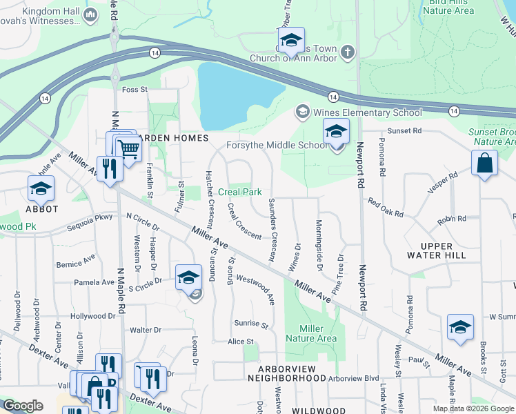map of restaurants, bars, coffee shops, grocery stores, and more near 1434 Argyle Crescent in Ann Arbor