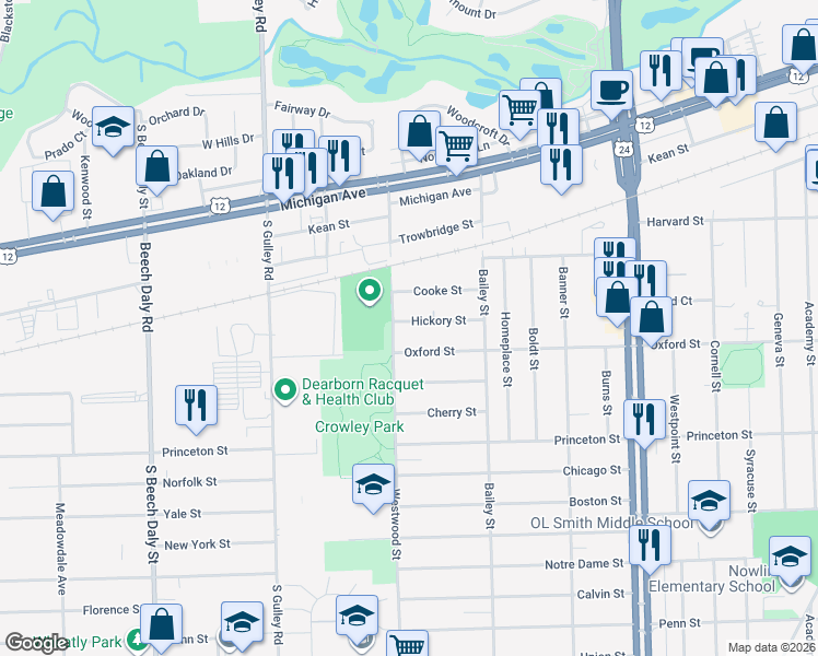 map of restaurants, bars, coffee shops, grocery stores, and more near 24909 Hickory Street in Dearborn