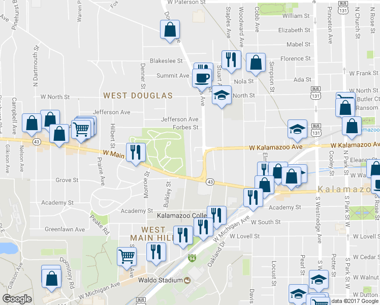 map of restaurants, bars, coffee shops, grocery stores, and more near 329 Ingleside Terrace in Kalamazoo