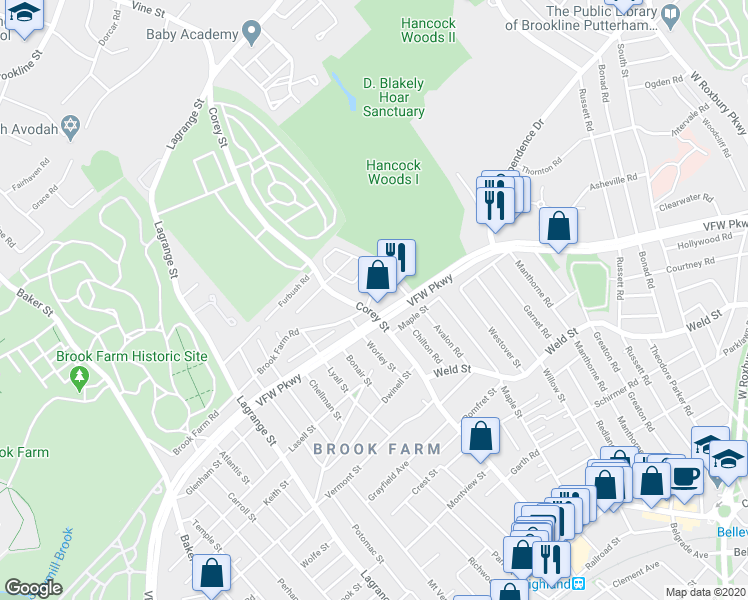 map of restaurants, bars, coffee shops, grocery stores, and more near 18 Keane Road in Boston