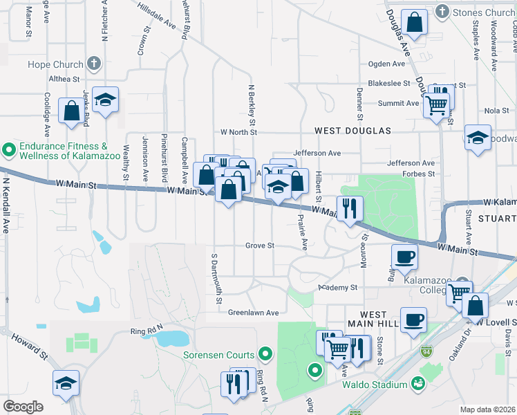 map of restaurants, bars, coffee shops, grocery stores, and more near 1745 West Main Street in Kalamazoo