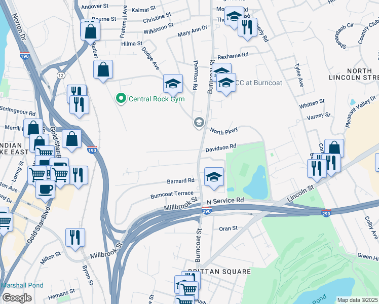 map of restaurants, bars, coffee shops, grocery stores, and more near 5 Clearview Avenue in Worcester