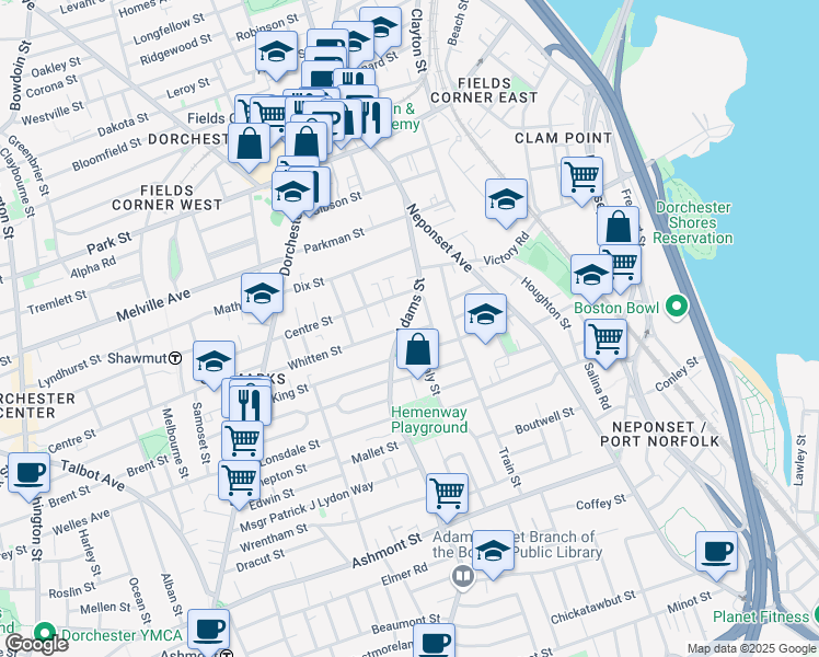 map of restaurants, bars, coffee shops, grocery stores, and more near 440 Adams Street in Boston
