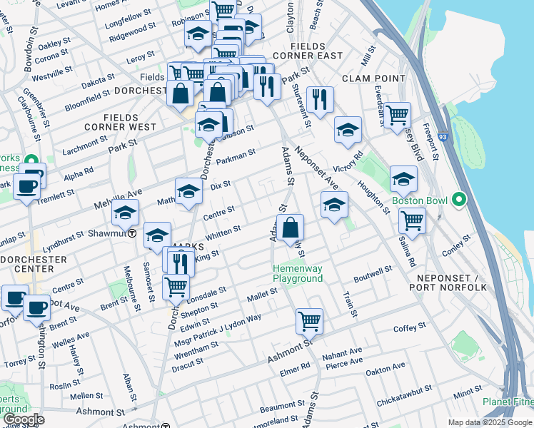 map of restaurants, bars, coffee shops, grocery stores, and more near 64 Whitten Street in Boston
