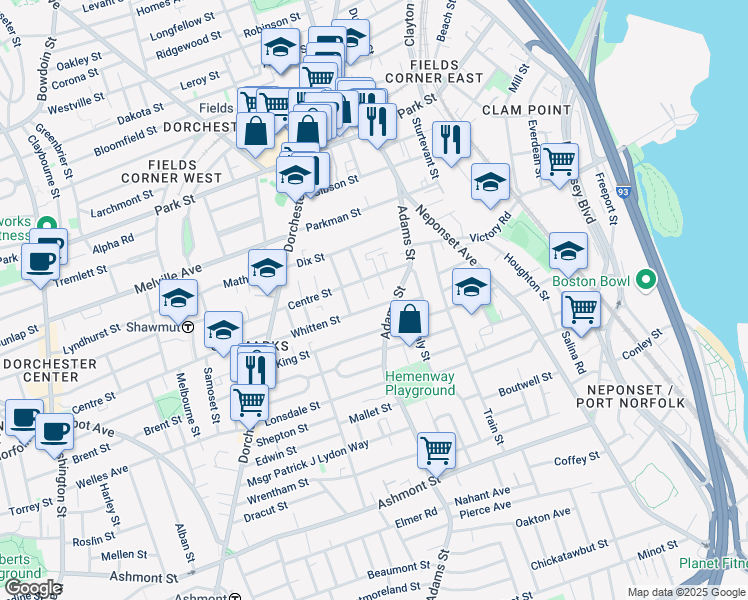 map of restaurants, bars, coffee shops, grocery stores, and more near 64 Whitten Street in Boston