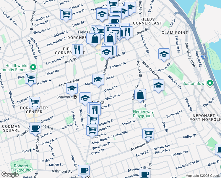 map of restaurants, bars, coffee shops, grocery stores, and more near 2 Elm Lawn Street in Boston