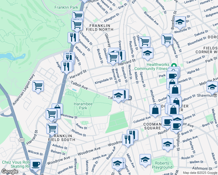 map of restaurants, bars, coffee shops, grocery stores, and more near 30 Browning Avenue in Boston