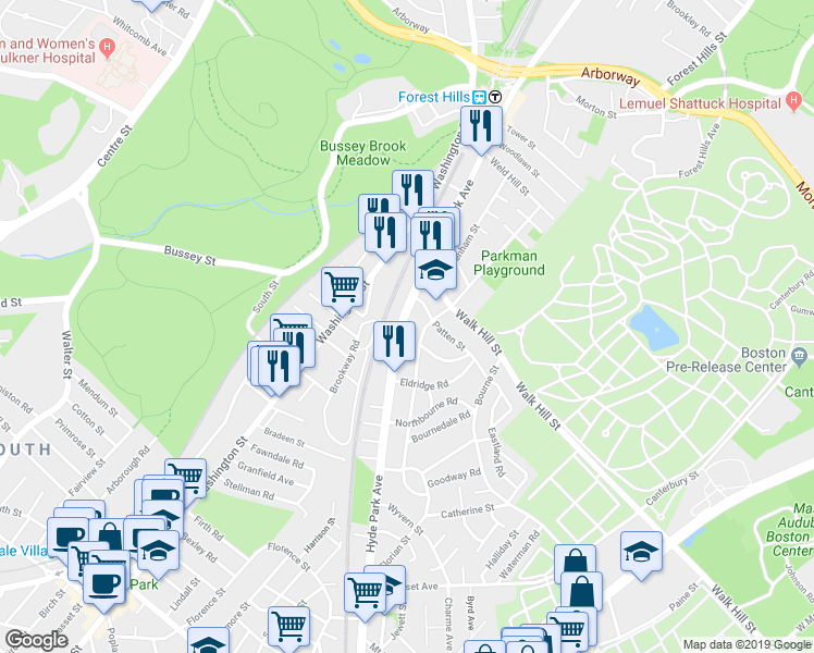 map of restaurants, bars, coffee shops, grocery stores, and more near 163 Wachusett Street in Boston