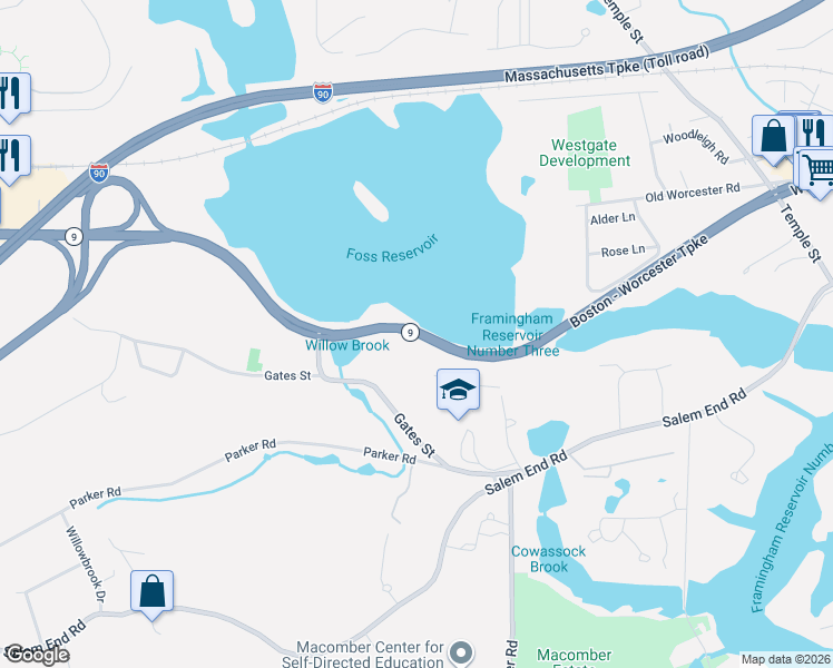 map of restaurants, bars, coffee shops, grocery stores, and more near 1550 Worcester Road in Framingham