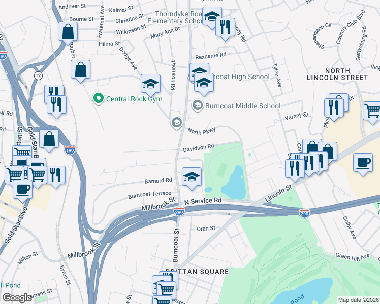 map of restaurants, bars, coffee shops, grocery stores, and more near 4 Davidson Road in Worcester