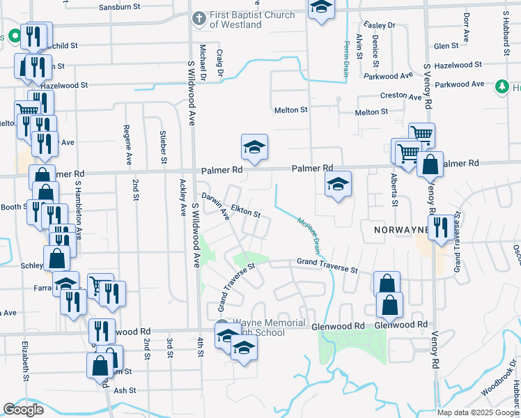 map of restaurants, bars, coffee shops, grocery stores, and more near 2028 Ellsworth Street in Westland