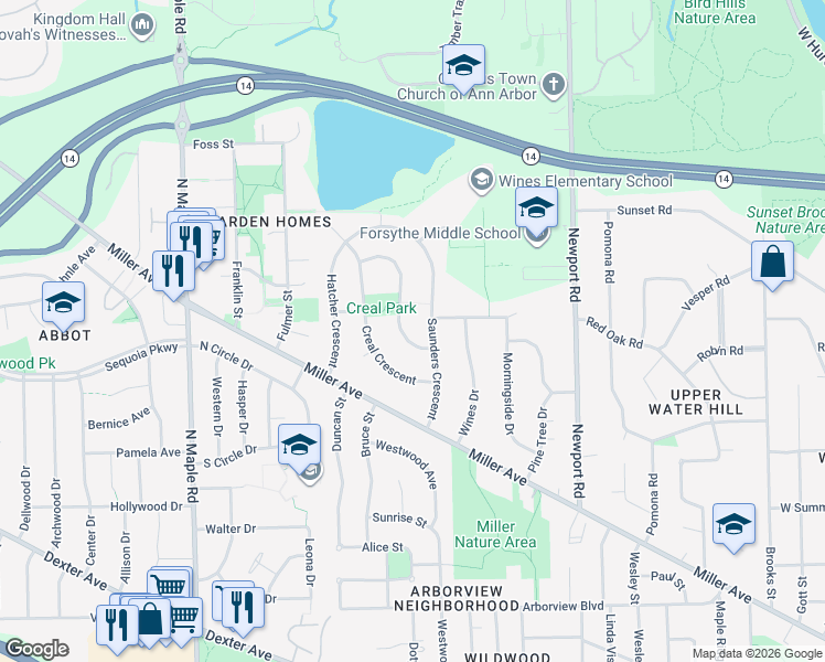 map of restaurants, bars, coffee shops, grocery stores, and more near 1434 Argyle Crescent in Ann Arbor
