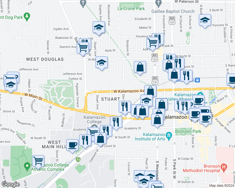 map of restaurants, bars, coffee shops, grocery stores, and more near 319 Elm Street in Kalamazoo