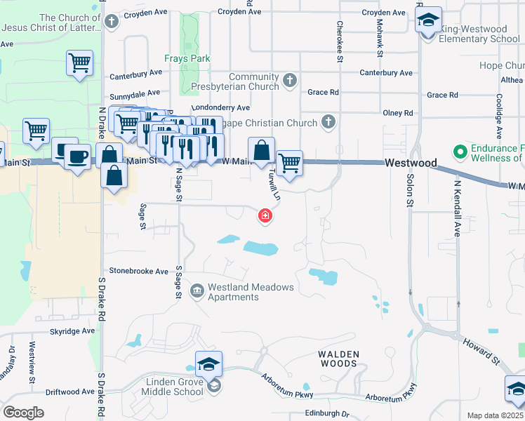 map of restaurants, bars, coffee shops, grocery stores, and more near 101 Turwill Lane in Kalamazoo