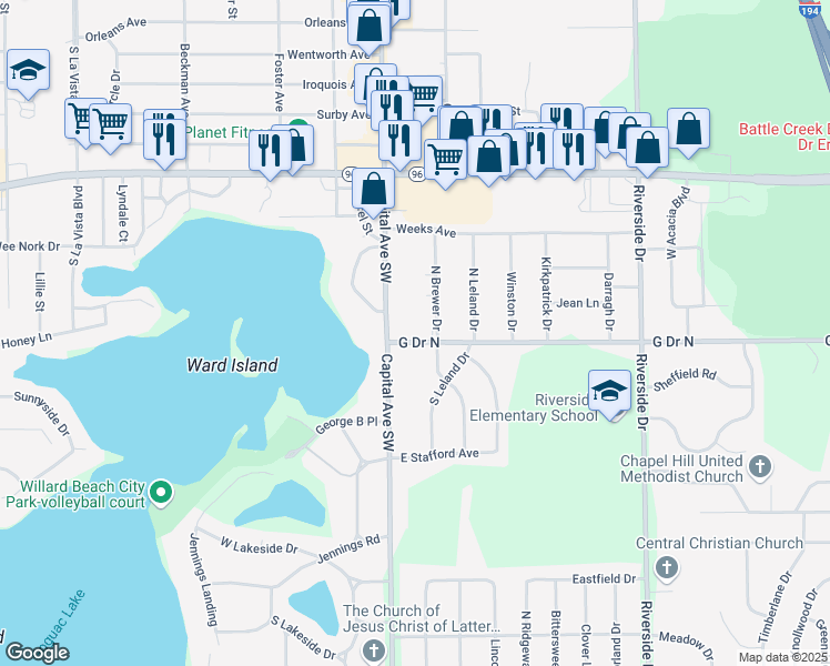 map of restaurants, bars, coffee shops, grocery stores, and more near 31 Golden Avenue in Battle Creek
