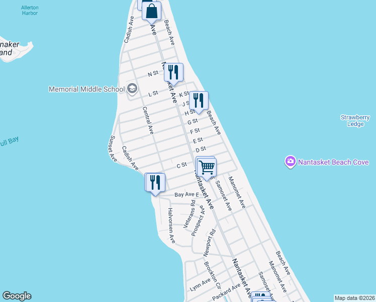 map of restaurants, bars, coffee shops, grocery stores, and more near 697 Nantasket Avenue in Hull