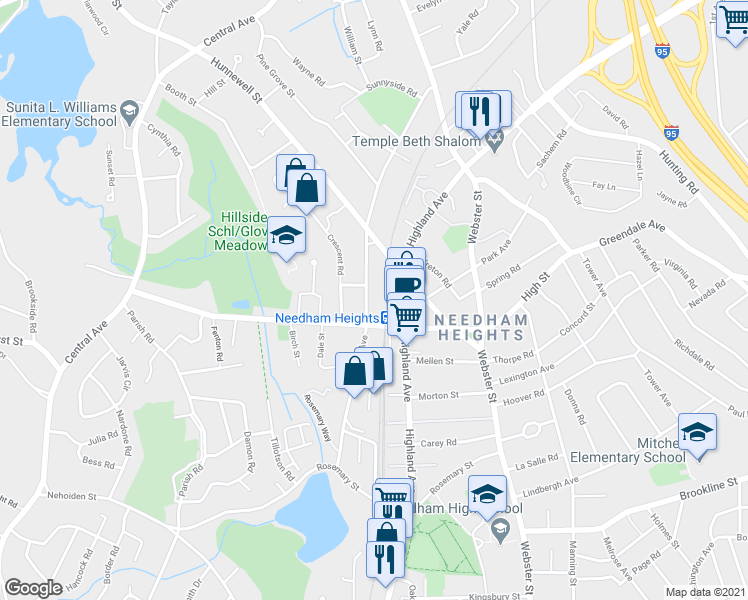 map of restaurants, bars, coffee shops, grocery stores, and more near 300 Hillside Avenue in Needham