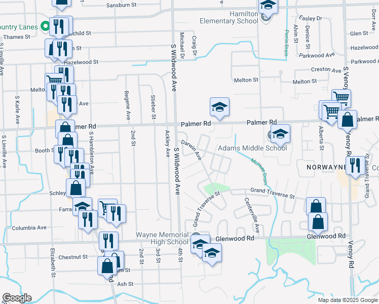 map of restaurants, bars, coffee shops, grocery stores, and more near 2035 Dryden Street in Westland