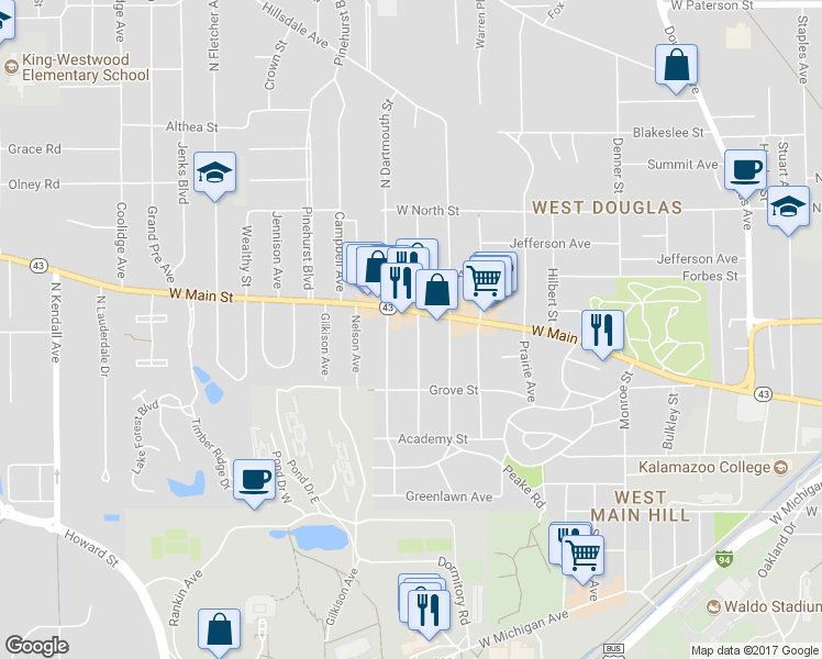 map of restaurants, bars, coffee shops, grocery stores, and more near 227 North Clarendon Street in Kalamazoo