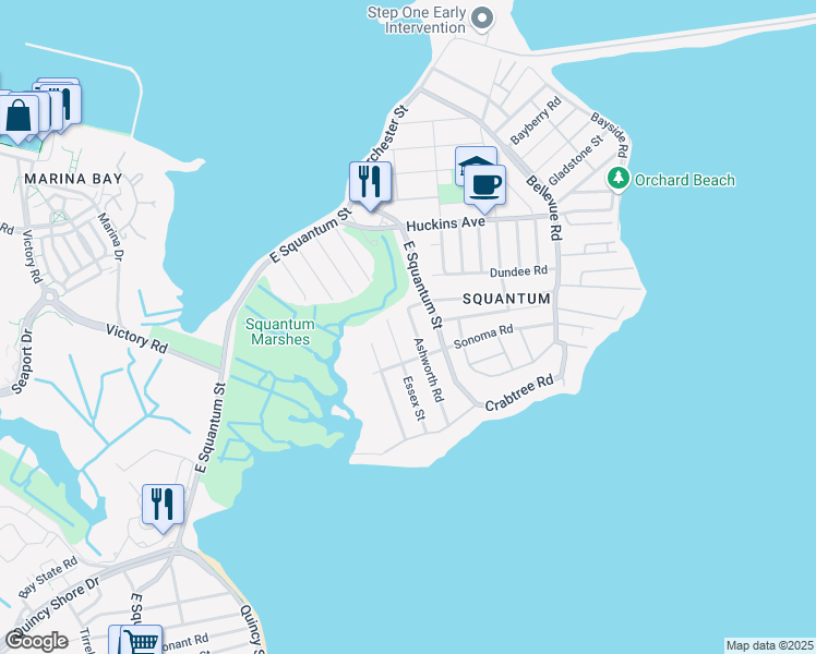 map of restaurants, bars, coffee shops, grocery stores, and more near 11 Ashworth Road in Quincy
