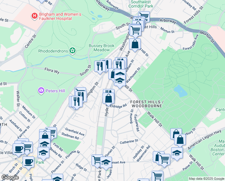 map of restaurants, bars, coffee shops, grocery stores, and more near 224 Hyde Park Avenue in Boston